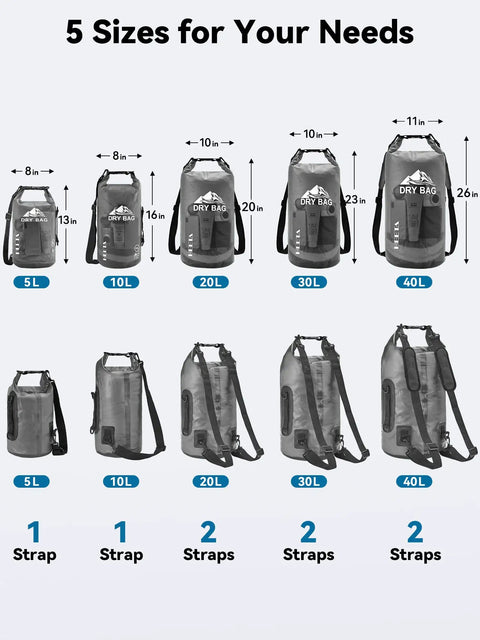 Five sizes of Waterproof Dry Bag 10L Roll Top Unisex Grab and Go Outdoor Gear for Travel Beach Boating Kayaking Paddle Boarding with straps visible.