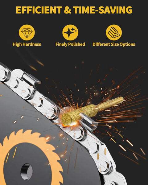 Durable Gold Titanium Chainsaw Sharpener Bits Set For Electric Saws, 30 Pcs Professional Grade Grinding Bits in use on chain