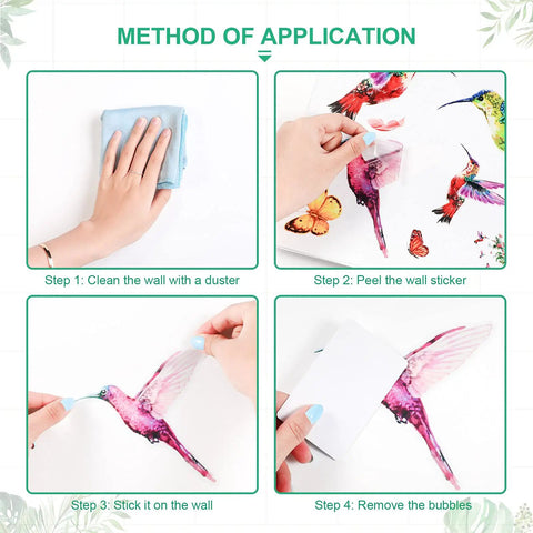 Application steps of Three Sheets Hummingbird Wall Stickers Set With Flowers And Birds Easy Peel And Stick Vinyl Clings