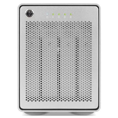 Front view of Rock Solid 10Gb Usb C Raid Storage Enclosure with LED indicators and vented design for efficient cooling.