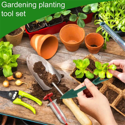 Gardening scene with the Upgraded Mini Seed Dispenser Set Handheld Manual Syringe Seeder Sower Spreader visible among tools.