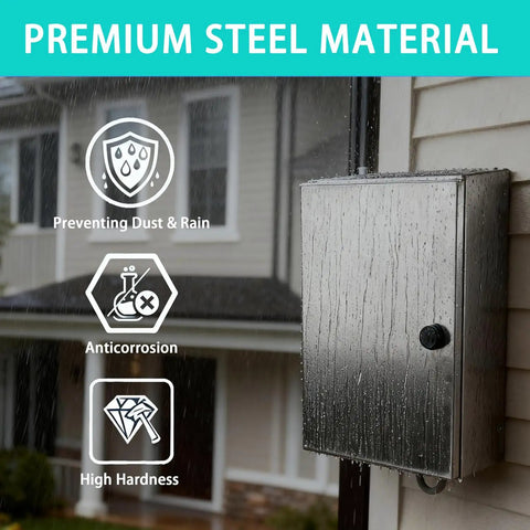 Heavy Duty Solid 304 Stainless Steel Electrical Enclosure Box 12x10x6 Inches mounted outdoors, showing waterproof design in rain.