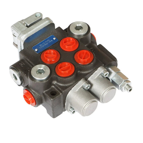 Front view of Amazon BISS hydraulic directional control valve, metal block with red port plugs and SAE fittings