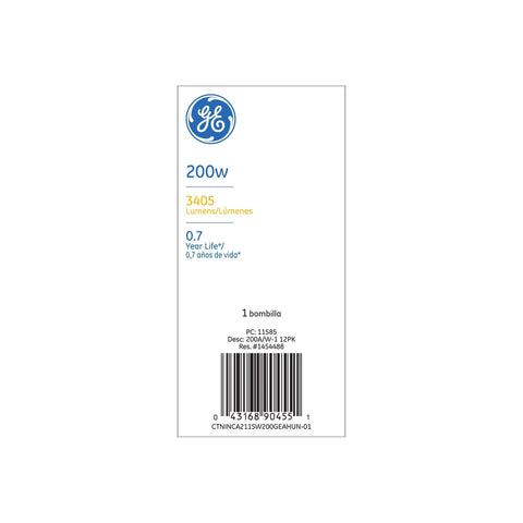 Product packaging of Soft White 200W General Purpose Incandescent Light Bulbs, 12 Pack.
