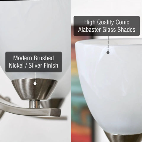 Detail of Farmhouse 24 Inch Five Light Chandelier With Clear Glass Shades, showing nickel finish and alabaster glass close-up.