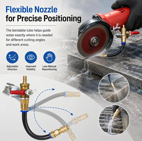 Wet Cut Dust Control Kit For Angle Grinders With Water Sprayer, Direct Precise Spray To The Cut Point, Dramatically Reducing Dust While Cutting Tile Marble Stone Brick And Concrete, Dual Action Blade Cool. Flexible nozzle on angle grinder cutting stone.