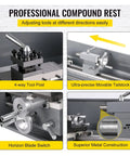 Heavy Duty Brushless Mini Metal Lathe Machine 750W Variable Speed Led compound rest features 4-way tool post and precise tailstock.