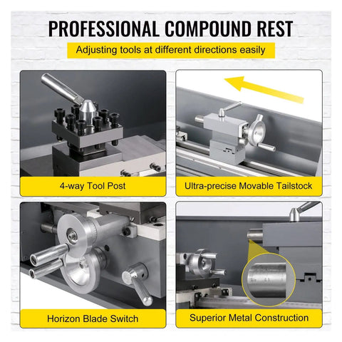Heavy Duty Brushless Mini Metal Lathe Machine 750W Variable Speed Led compound rest features 4-way tool post and precise tailstock.