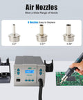1000W Hot Air Rework Station With Digital Display Pro Grade Precise Celsius And Fahrenheit Temperature Control Auto Sleep Standby Desoldering And Soldering Tool shown with air nozzles and circuit board