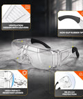 Tough As Nails Safety Glasses Designed To Fit Snug Over Eyeglasses Without Pinching Featuring Z Eighty Seven Impact Rating and Superior Anti Fog Coating for Long Shifts, showing ventilation and rubber tips.