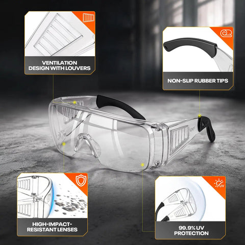 Tough As Nails Safety Glasses Designed To Fit Snug Over Eyeglasses Without Pinching Featuring Z Eighty Seven Impact Rating and Superior Anti Fog Coating for Long Shifts, showing ventilation and rubber tips.