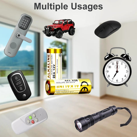 Top-Shelf 23A 12V Alkaline Batteries 5-Pack MN21 in use with keyfob, flashlight, alarm clock and toys.