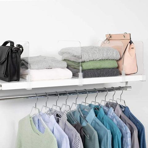 Clear Acrylic Shelf Dividers For Closets, Purse And Sweater Organizer, Flexible 4 Pack Adjustable Up To Two And A Half Inches Thick, Keeps Purses, Sweaters, And Shirts Neatly Separated, Easy Access And Space Saving Closet Organizer