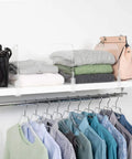 Clear Acrylic Closet Shelf Dividers 6 Pack For Easy Tool-Free Installation, organizing sweaters and bags on a closet shelf.
