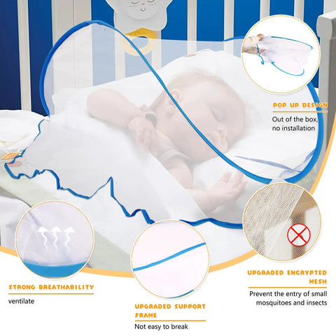 Foldable Pop Up Mosquito Net Tent For Camping And Travel showing lightweight 3 oz head net bed netting over a baby in crib