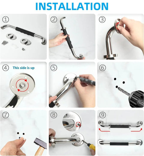 Installation guide for Rock Solid Stainless Steel Shower Grab Bars Two Pack With Thick Silicone Anti Slip Sleeve for secure bathroom safety.