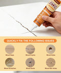 White Wood Putty Kit Brings The Whole Package With Two Tubes of Filler Plus Scraper Sandpaper And Gloves showing application on wood crack.