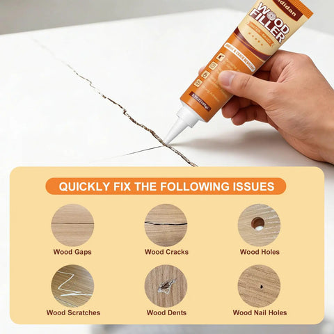 White Wood Putty Kit Brings The Whole Package With Two Tubes of Filler Plus Scraper Sandpaper And Gloves showing application on wood crack.