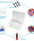 Front view of a clear plastic storage case with hinged lid for organizing small items