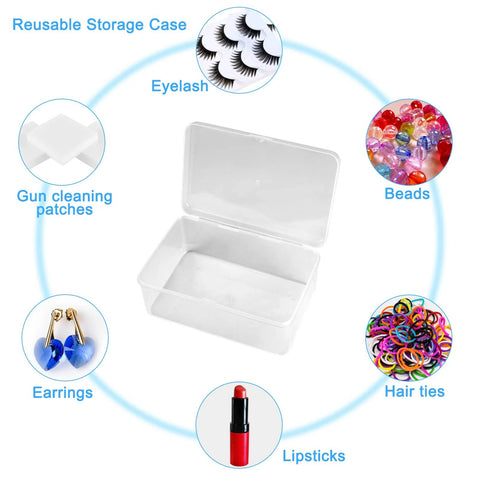 Front view of a clear plastic storage case with hinged lid for organizing small items