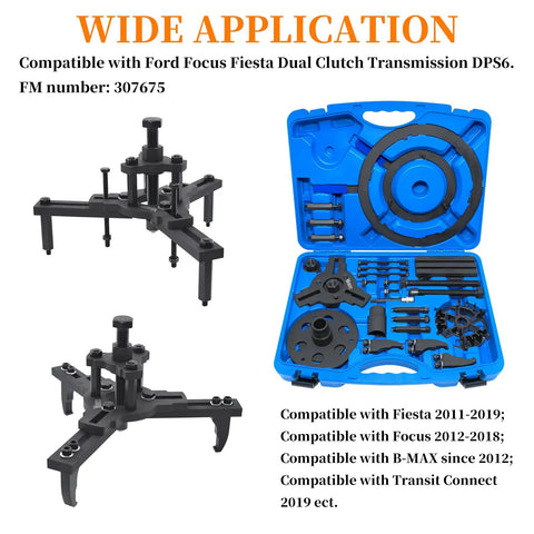 Pro Grade Dry Dual Clutch Transmission Removal And Installation Tool Kit For Ford Focus Fiesta Transit Connect 2019 And B MAX DPS6 Compatible Heavy Duty DIY Friendly Professional Alignment Tools, blue case and steel tools