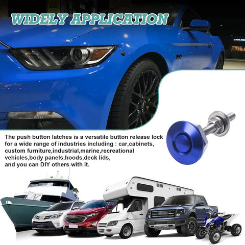 Universal Car Body Panel Push Button Quick Release Fasteners Kit in Blue for Hood Trunk Bumper Doors and Lids with various vehicles