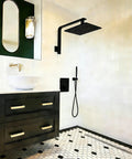Modern bathroom with High Rise Matte Black Shower Arm And Flange 10.5 Inch Gooseneck Extension For Rain Shower Head on wall