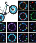 2 Pack Waterproof LED Bike Wheel Spoke Lights for Night Rides with 30 Pattern Modes, lit colorful patterns on bicycle wheels.