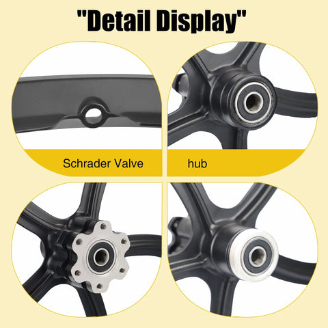 Detail display of 20 Inch Magnesium Alloy One Piece Wheel Set with Five Spoke Rim, showing Schrader valve and disc brake hub.