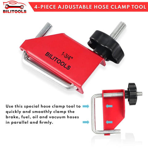 Four Piece Hose Pinch Off Pliers Set For Fuel Line Coolant Radiator Brake Hoses Clamp Tool With Sizes Three Eighths Inch One Half Inch One Inch And One And Three Quarters Inch To Pinch Off Vacuum Lines Without Damaging The Line, 1-3/4 inch red clamp, side view