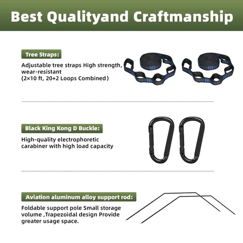 Tree straps, carabiners, and support rods for Heavy Duty Camping Hammock With Mosquito Net, 500 Lb Capacity, Portable Nylon Hanging Hammock