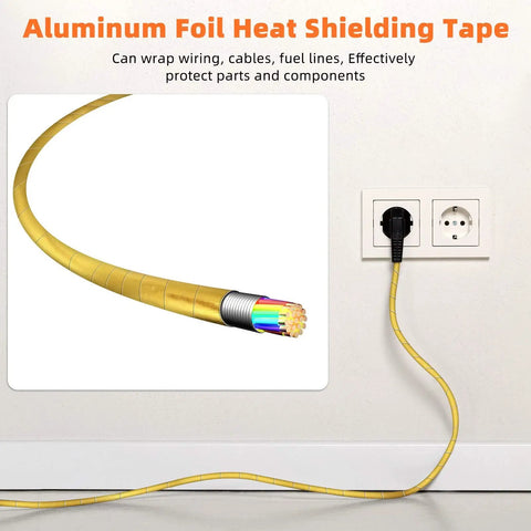 Gold reflective tape covers cable near power outlet, highlighting use of Two Rolls Aluminum Foil Tape Heat Shield Adhesive Reflective Barrier For High Temperature Protection Fiberglass Thermal Insulation 2 Inch By 32.8 Feet Each Gold Color Durable Reflective Tape For Ducts Auto Exhaust And More in protection applications.