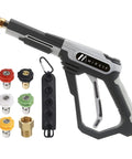 Short Pressure Washer Gun With Heavy Duty 4000 PSI Power Easy Quick Trigger Grip M22 14mm And 15mm Thread Compatibility Includes Five Spray Nozzle Tips And Holder Black High Performance Cleaning Tool shown with nozzles