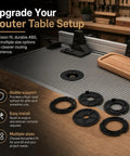 Drop The Mic 5 Pack 2 Inch Router Table Insert Rings Ultra Premium Abs Construction Fast Mount For Sears Craftsman Workbenches Dope Woodshop Gear Black displayed on a router table.