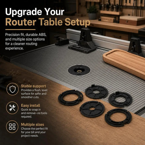 Drop The Mic 5 Pack 2 Inch Router Table Insert Rings Ultra Premium Abs Construction Fast Mount For Sears Craftsman Workbenches Dope Woodshop Gear Black displayed on a router table.