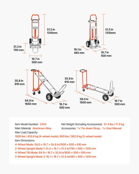 Heavy Duty 4 In 1 Hand Truck Dolly With 1000 Lb Capacity Converts Between 2 Wheel And 4 Wheel Modes Non Slip Handle Aluminum Alloy