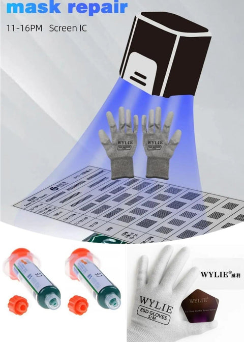 Screen IC Pad Green Oil UV Stencil Set For IPhone 11 To 16 Pro Max Solder Mask Repair Kit with stencils, UV light, and gloves