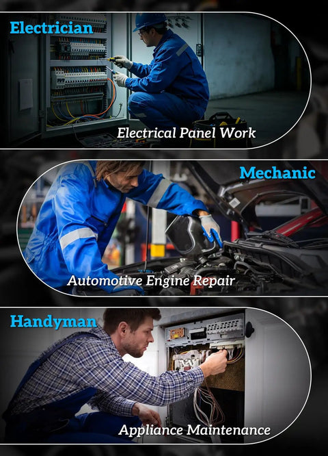 Electrician working on electrical panel, mechanic fixing car engine, handyman performing appliance maintenance.