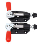 Heavy Duty Toggle Clamp Push Pull with 20mm Stroke Plunger Toggle Plastic Sleeve Handle Ideal for Welding Mold Making Drilling and Fabrication Projects Rock Solid 100 Lb Holding Power For Precise Repetitive Clamping, side view showing red plastic handle and cast iron body