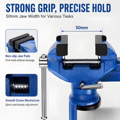 Compact Table Vise For Small Wood And Metal Projects 50mm Clamp Width Handy Clamp Tool For Hobbyists Quick Secure Holding No Fuss Craft And Workshop Helper For DIY Woodworking, blue vise with non-slip jaw pads and smooth screw mechanism