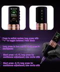 OLED display of All In One Wireless Tattoo Pen Kit with instructions and gloved hand holding pen