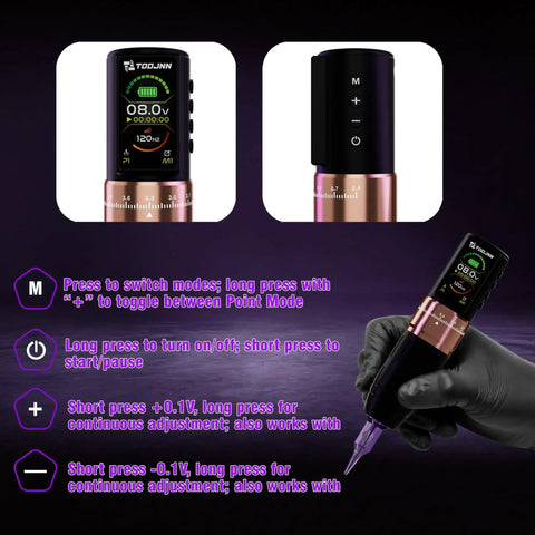 OLED display of All In One Wireless Tattoo Pen Kit with instructions and gloved hand holding pen