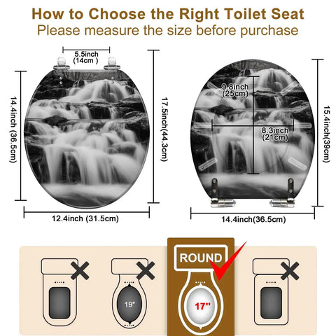 Toilet Seat Round Resin for Bathroom with waterfall design, measuring 14.4" x 17.5", fits standard round toilets.