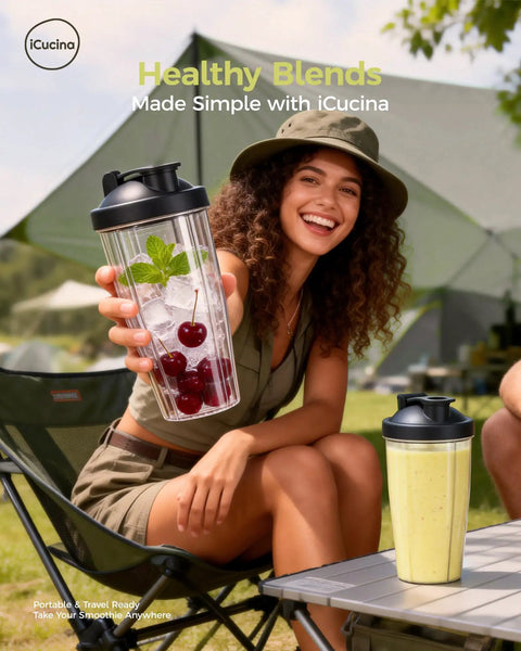 Woman holding a 28 oz blender cup replacement with to-go lids pack of 2 BPA free travel shaker cups for protein shakes and smoothies.