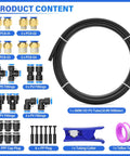 Durable 8mm PU Air Tubing Kit Black 10 Meter Length 32.8ft 5/16 Inch OD with 31 Push To Connect Fittings and accessories.