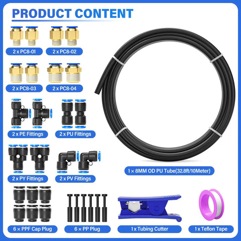 Durable 8mm PU Air Tubing Kit Black 10 Meter Length 32.8ft 5/16 Inch OD with 31 Push To Connect Fittings and accessories.