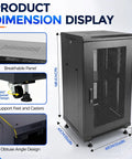 Product dimension display of Badass Heavy Duty 18U Server Rack Cabinet With Smooth Rolling Locking Wheels And Adjustable Depth.