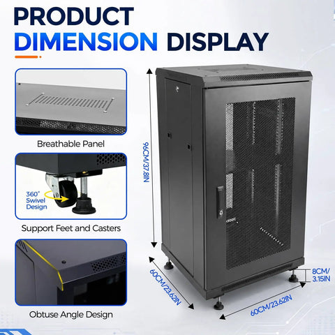 Product dimension display of Badass Heavy Duty 18U Server Rack Cabinet With Smooth Rolling Locking Wheels And Adjustable Depth.