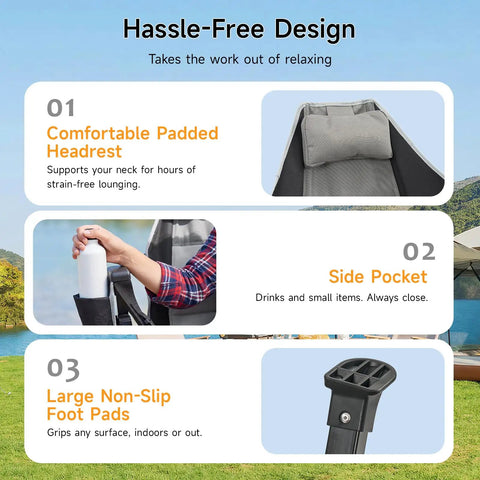 Heavy Duty Hammock Camping Chair With Removable Footrest And Cup Holder, padded headrest, side pocket, non-slip foot pads