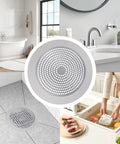Straight Up Heavy Duty Stainless Steel Hair Catcher for Shower and Tub Drain with Thick Rubber Seal Non Slip Fit in bathroom setting.